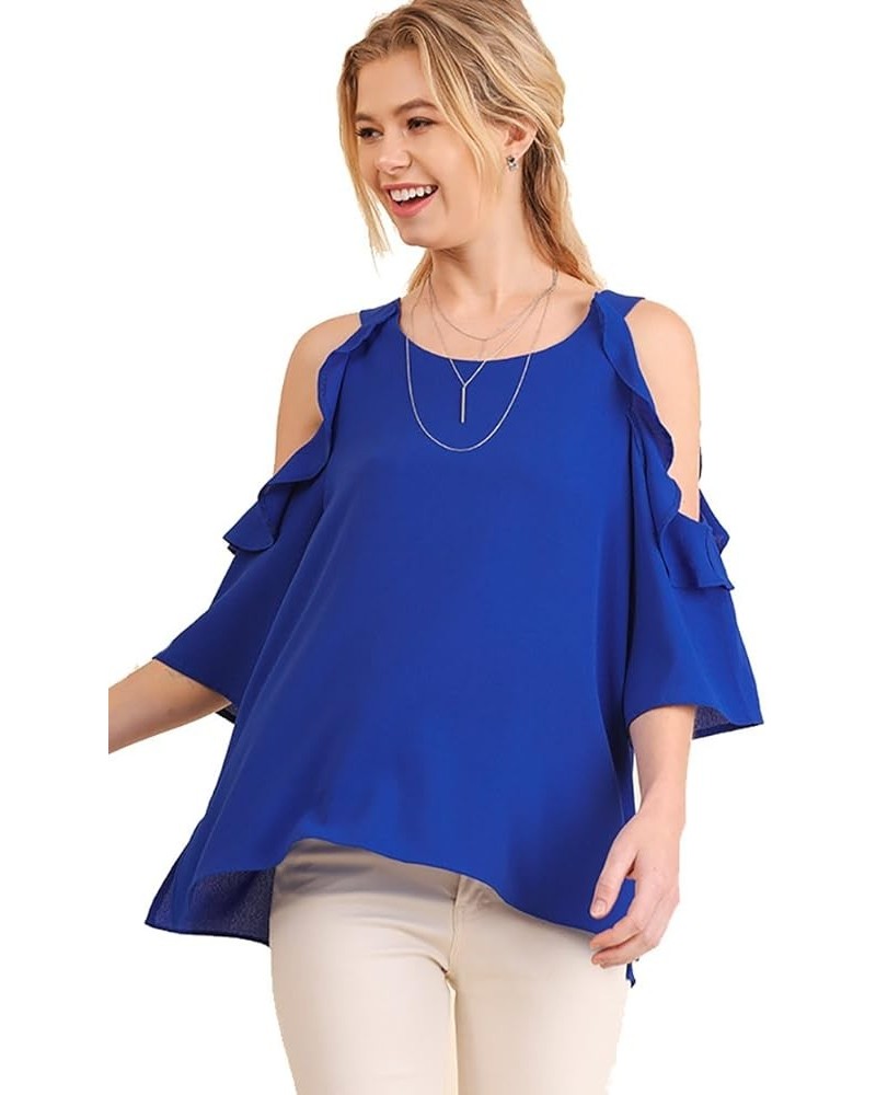 Women's Solid Colored Cold Shoulder Tunic with Ruffle Details Cobalt $30.79 Tops