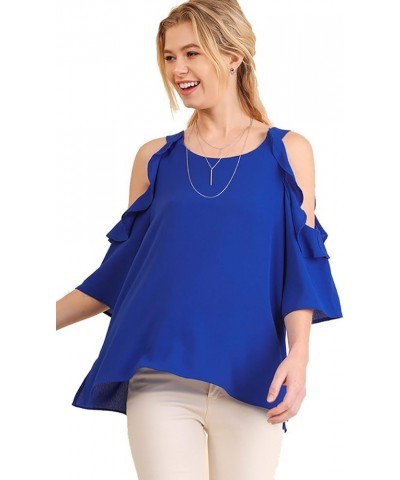 Women's Solid Colored Cold Shoulder Tunic with Ruffle Details Cobalt $30.79 Tops