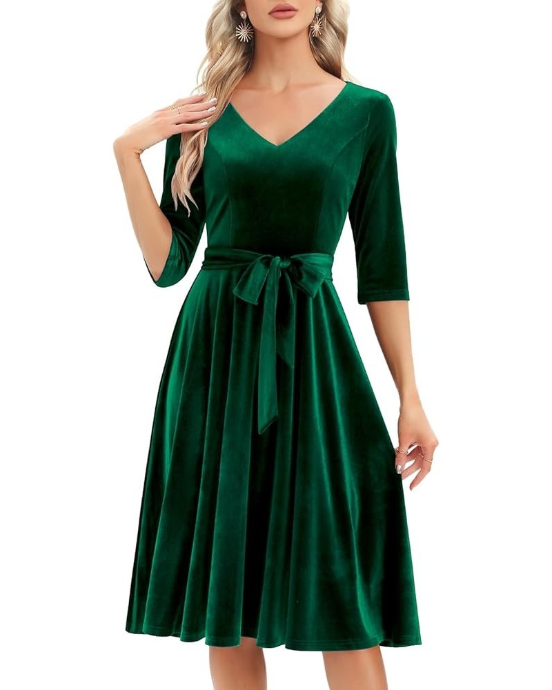 Long Sleeve Velvet Vintage Tea Dress Formal Cocktail Wedding Midi V-Neck Fit and Flare Dresses Dark Green $19.37 Dresses