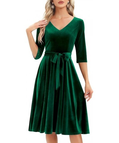 Long Sleeve Velvet Vintage Tea Dress Formal Cocktail Wedding Midi V-Neck Fit and Flare Dresses Dark Green $19.37 Dresses