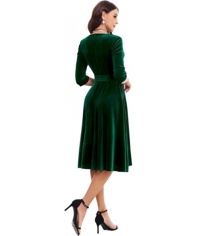 Long Sleeve Velvet Vintage Tea Dress Formal Cocktail Wedding Midi V-Neck Fit and Flare Dresses Dark Green $19.37 Dresses