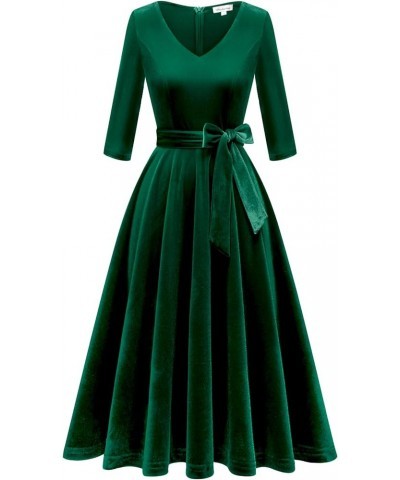 Long Sleeve Velvet Vintage Tea Dress Formal Cocktail Wedding Midi V-Neck Fit and Flare Dresses Dark Green $19.37 Dresses