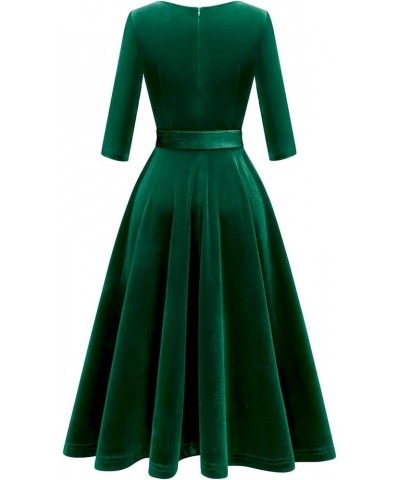 Long Sleeve Velvet Vintage Tea Dress Formal Cocktail Wedding Midi V-Neck Fit and Flare Dresses Dark Green $19.37 Dresses