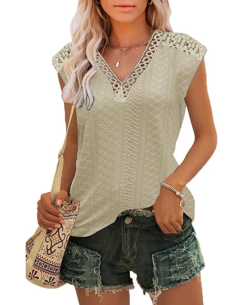 Womens Basic Tops 2023 Trendy Eyelet Fabric Tank Tops Cap Sleeve Shirts Lace V Neck A-light $11.99 Tops