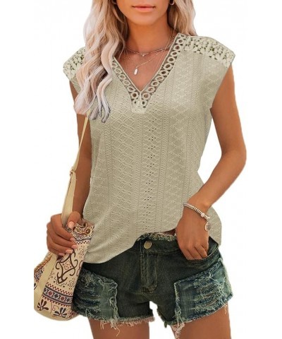 Womens Basic Tops 2023 Trendy Eyelet Fabric Tank Tops Cap Sleeve Shirts Lace V Neck A-light $11.99 Tops