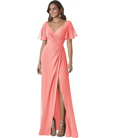 Women's Ruffle Sleeves Bridesmaid Dresses Long for Wedding Pleated Wrap Formal Evening Gown with Slit Coral $34.64 Dresses