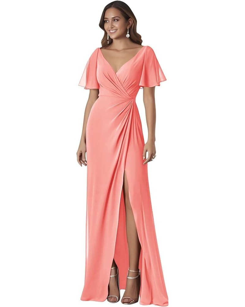 Women's Ruffle Sleeves Bridesmaid Dresses Long for Wedding Pleated Wrap Formal Evening Gown with Slit Coral $34.64 Dresses