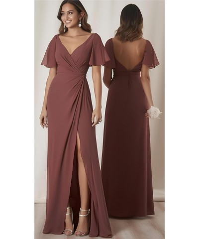 Women's Ruffle Sleeves Bridesmaid Dresses Long for Wedding Pleated Wrap Formal Evening Gown with Slit Coral $34.64 Dresses