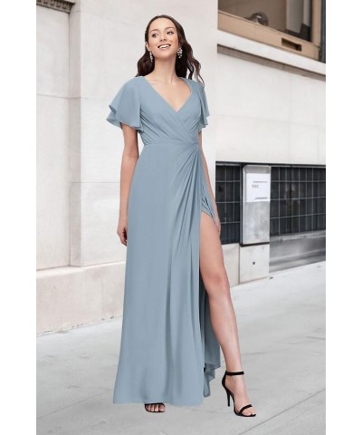 Women's Ruffle Sleeves Bridesmaid Dresses Long for Wedding Pleated Wrap Formal Evening Gown with Slit Coral $34.64 Dresses