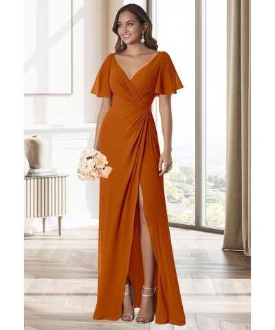 Women's Ruffle Sleeves Bridesmaid Dresses Long for Wedding Pleated Wrap Formal Evening Gown with Slit Coral $34.64 Dresses