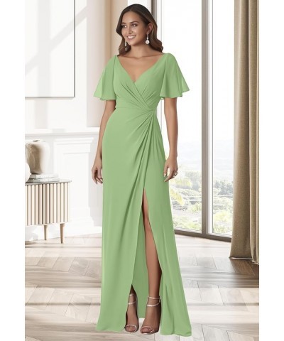 Women's Ruffle Sleeves Bridesmaid Dresses Long for Wedding Pleated Wrap Formal Evening Gown with Slit Coral $34.64 Dresses