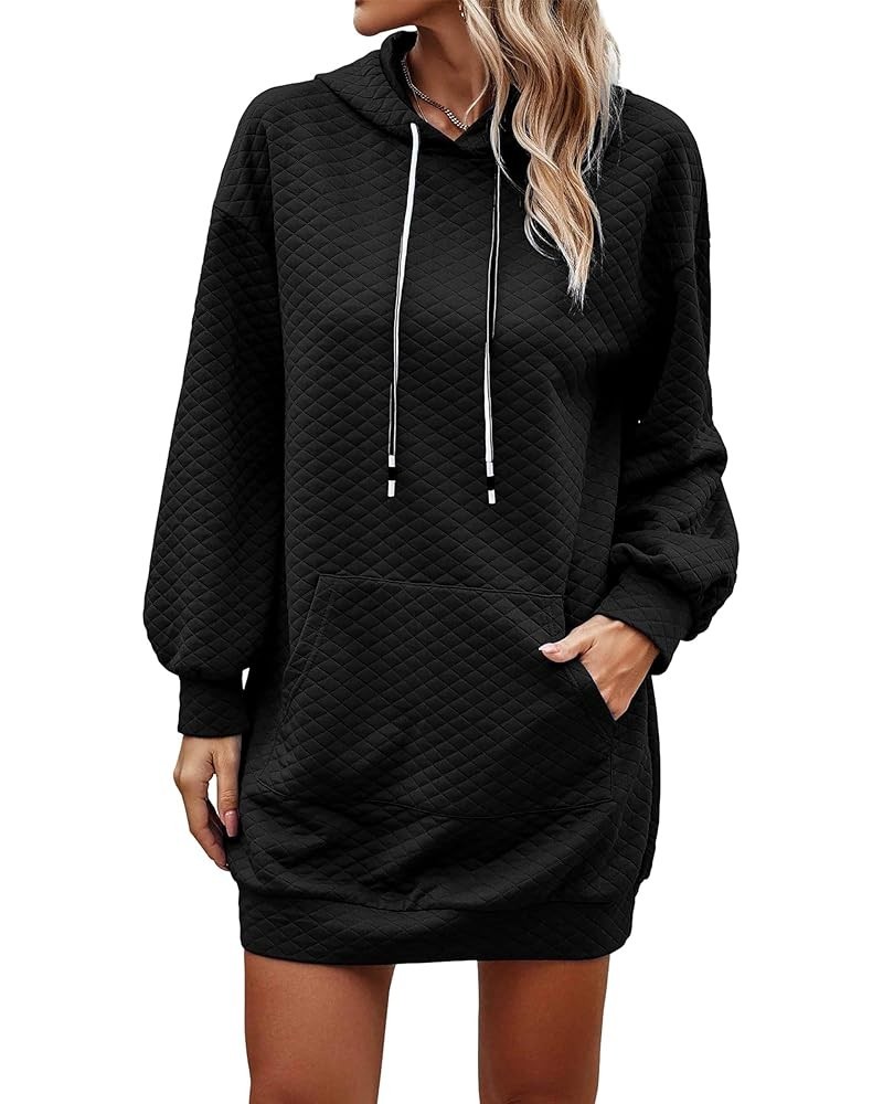 Women's Quilted Hooded Sweatshirts Lightweight Casual Long Sleeve Pullover Hoodie Dress Lose Tunic Sweatshirts Black $12.30 H...