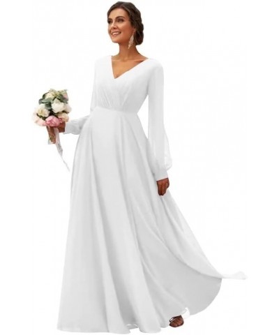 Long Sleeve Bridesmaid Dresses V-Neck Ruched Chiffon Formal Evening Gowns with Pockets White $29.06 Dresses