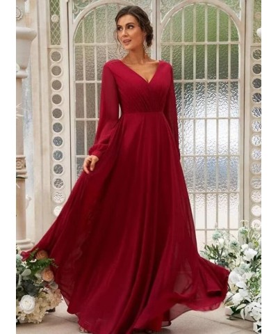 Long Sleeve Bridesmaid Dresses V-Neck Ruched Chiffon Formal Evening Gowns with Pockets White $29.06 Dresses