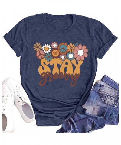 Stay Groovy Shirt for Womens Floral Graphic Retro Shirts Hippie 70s Tee Summer Tee Tops Blue $11.44 T-Shirts