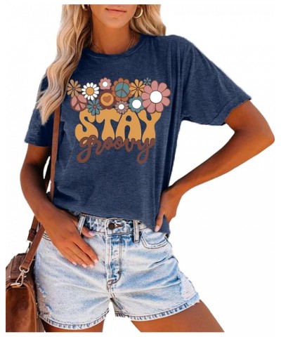 Stay Groovy Shirt for Womens Floral Graphic Retro Shirts Hippie 70s Tee Summer Tee Tops Blue $11.44 T-Shirts