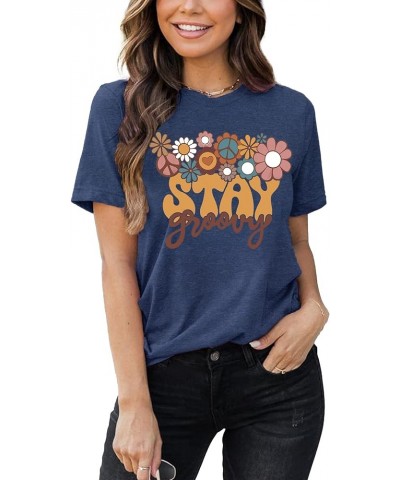 Stay Groovy Shirt for Womens Floral Graphic Retro Shirts Hippie 70s Tee Summer Tee Tops Blue $11.44 T-Shirts