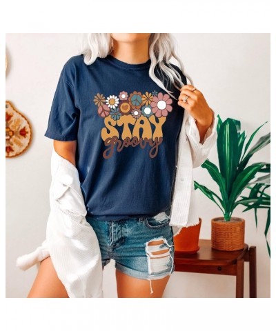 Stay Groovy Shirt for Womens Floral Graphic Retro Shirts Hippie 70s Tee Summer Tee Tops Blue $11.44 T-Shirts