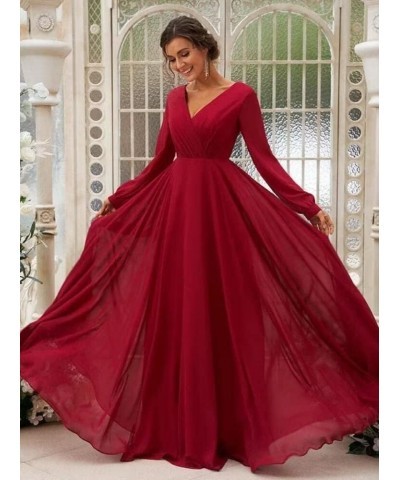 Long Sleeve Bridesmaid Dresses V-Neck Ruched Chiffon Formal Evening Gowns with Pockets White $29.06 Dresses