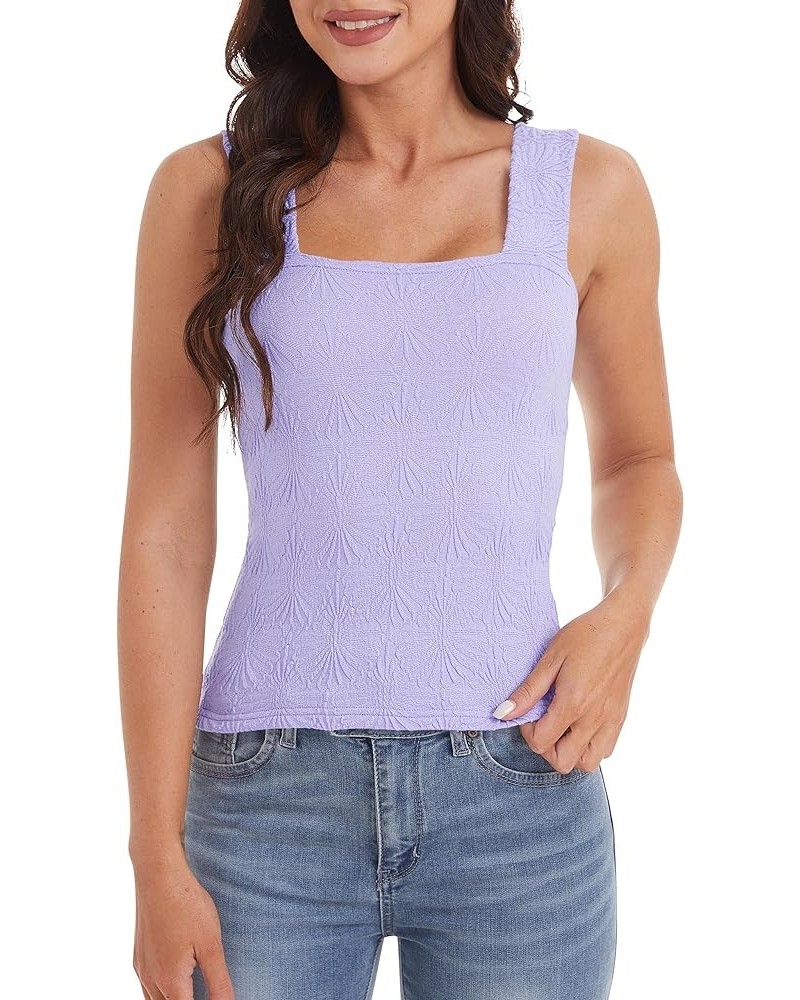 Women Cute Y2K Floral Square Neck Strappy Crop Tank Tops Sleeveless Wide Strap Slim Summer Going Out Cami Shirt Purple $10.79...