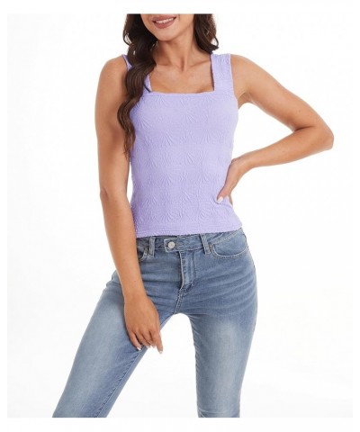 Women Cute Y2K Floral Square Neck Strappy Crop Tank Tops Sleeveless Wide Strap Slim Summer Going Out Cami Shirt Purple $10.79...