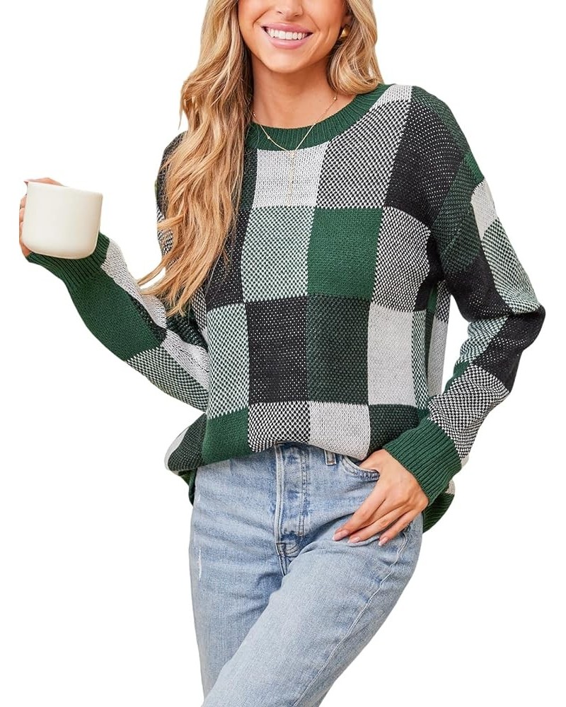 Women's 2023 Fall Long Sleeve Crew Neck Plaid Color Block Comfy Knitted Pullover Sweater Green $18.27 Sweaters