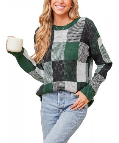 Women's 2023 Fall Long Sleeve Crew Neck Plaid Color Block Comfy Knitted Pullover Sweater Green $18.27 Sweaters