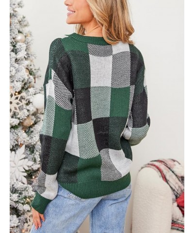 Women's 2023 Fall Long Sleeve Crew Neck Plaid Color Block Comfy Knitted Pullover Sweater Green $18.27 Sweaters