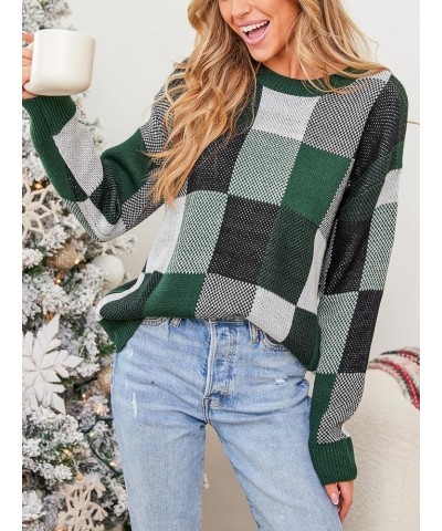 Women's 2023 Fall Long Sleeve Crew Neck Plaid Color Block Comfy Knitted Pullover Sweater Green $18.27 Sweaters