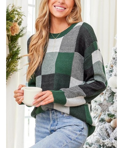 Women's 2023 Fall Long Sleeve Crew Neck Plaid Color Block Comfy Knitted Pullover Sweater Green $18.27 Sweaters