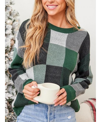 Women's 2023 Fall Long Sleeve Crew Neck Plaid Color Block Comfy Knitted Pullover Sweater Green $18.27 Sweaters