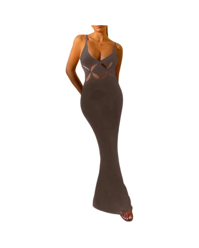 Sexy Sleeveless Cut Out Maxi Dress Slim Fit Split Long Dress Backless Halter Bodycon Midi Dress Night Party Summer Wear Brown...