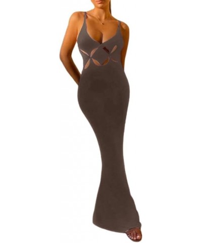 Sexy Sleeveless Cut Out Maxi Dress Slim Fit Split Long Dress Backless Halter Bodycon Midi Dress Night Party Summer Wear Brown...