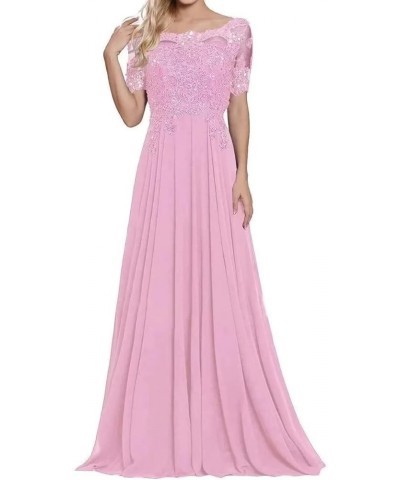 Women's Laces Mother of The Bride Dresses Short Sleeve Chiffon Formal Evening Wedding Gowns Pink $33.18 Dresses