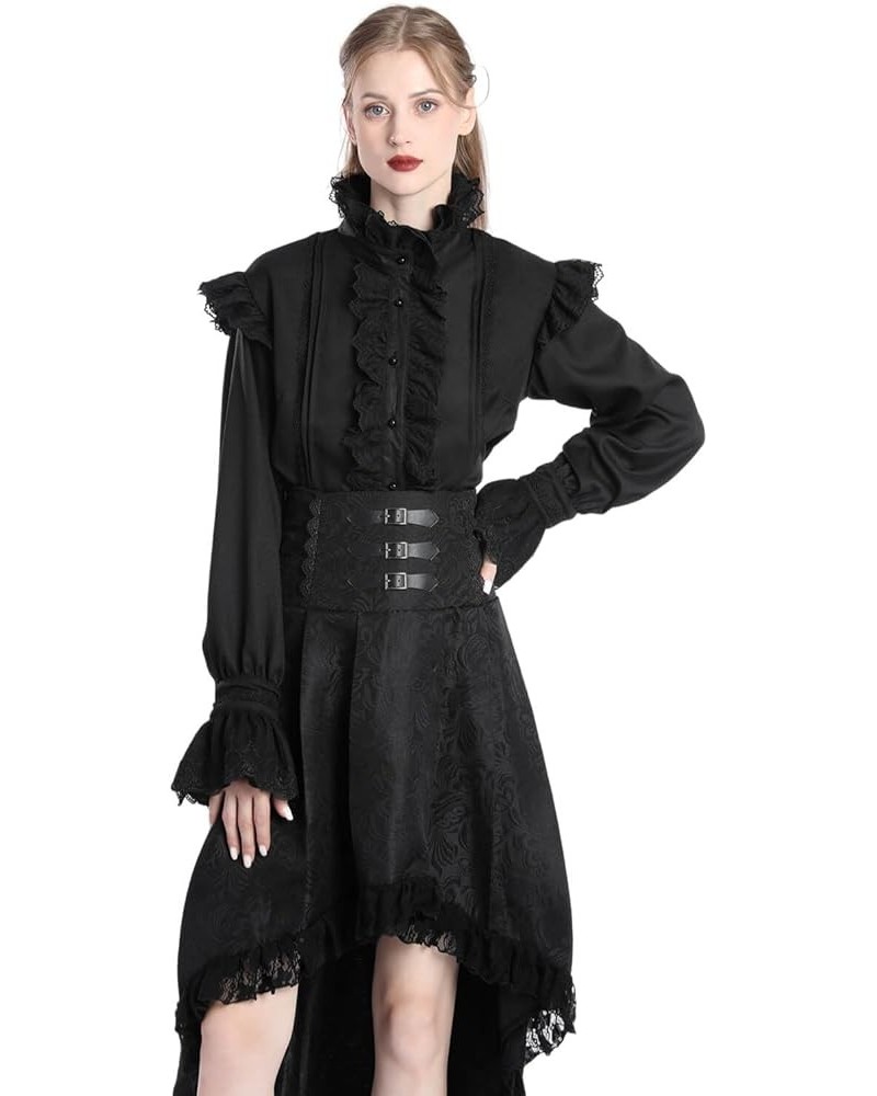 Victorian Blouses for Women Long Sleeve Victorian Shirt High Neck Goth Ruffle Shirt 092 Black $14.00 Blouses