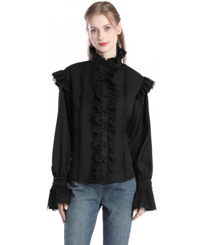 Victorian Blouses for Women Long Sleeve Victorian Shirt High Neck Goth Ruffle Shirt 092 Black $14.00 Blouses