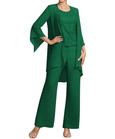 Women's 3 Piece Mother of Bride Pant Suits Lace Appliques Chiffon Outfit Formal Dress Evening Gowns with Jacket Emerald Green...