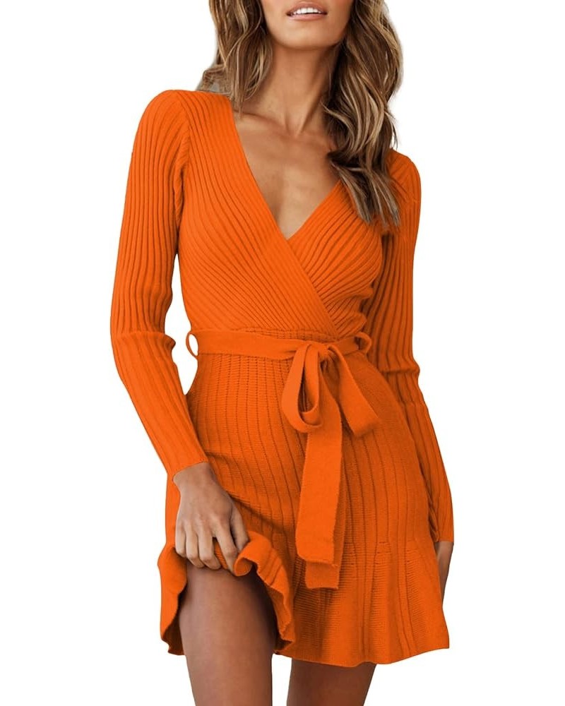 Women's Sexy V Neck Wrap Sweater Dress Casual Long Sleeve Slim Bodycon Ruffle Hem Party Sweater Mini Dresses with Belt Orange...