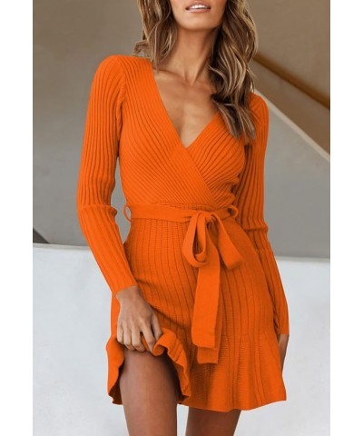 Women's Sexy V Neck Wrap Sweater Dress Casual Long Sleeve Slim Bodycon Ruffle Hem Party Sweater Mini Dresses with Belt Orange...