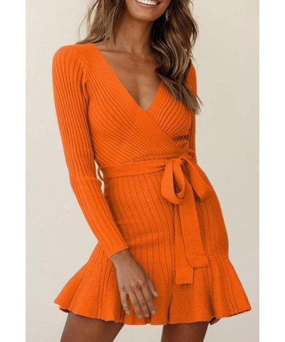 Women's Sexy V Neck Wrap Sweater Dress Casual Long Sleeve Slim Bodycon Ruffle Hem Party Sweater Mini Dresses with Belt Orange...