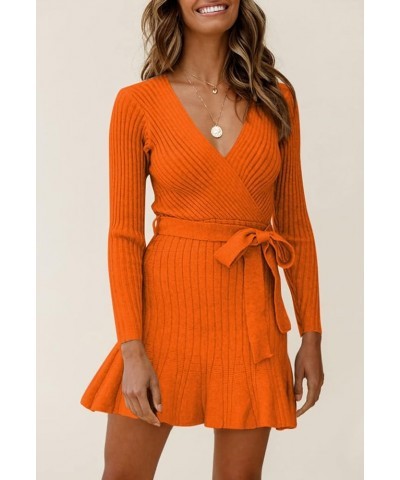 Women's Sexy V Neck Wrap Sweater Dress Casual Long Sleeve Slim Bodycon Ruffle Hem Party Sweater Mini Dresses with Belt Orange...