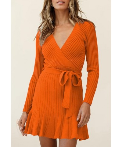 Women's Sexy V Neck Wrap Sweater Dress Casual Long Sleeve Slim Bodycon Ruffle Hem Party Sweater Mini Dresses with Belt Orange...