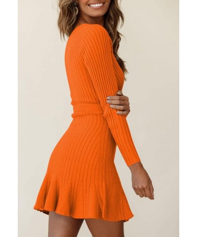 Women's Sexy V Neck Wrap Sweater Dress Casual Long Sleeve Slim Bodycon Ruffle Hem Party Sweater Mini Dresses with Belt Orange...