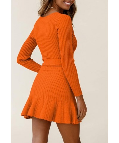 Women's Sexy V Neck Wrap Sweater Dress Casual Long Sleeve Slim Bodycon Ruffle Hem Party Sweater Mini Dresses with Belt Orange...