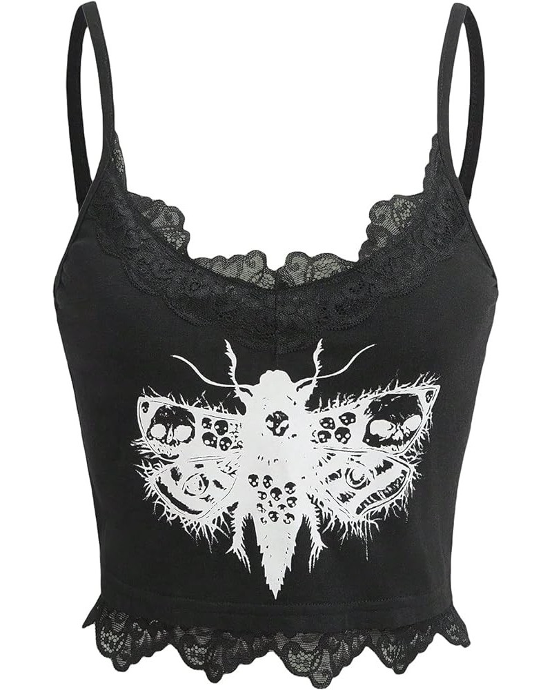 Women's Butterfly Skull Print Contrast Lace Spaghetti Strap Sleeveless Cami Tank Crop Tops Black and White $15.94 Tanks