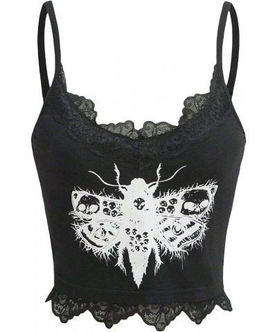 Women's Butterfly Skull Print Contrast Lace Spaghetti Strap Sleeveless Cami Tank Crop Tops Black and White $15.94 Tanks