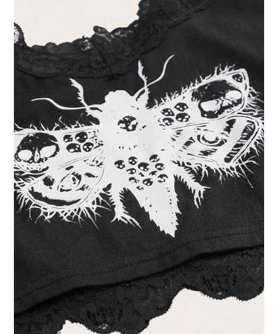 Women's Butterfly Skull Print Contrast Lace Spaghetti Strap Sleeveless Cami Tank Crop Tops Black and White $15.94 Tanks