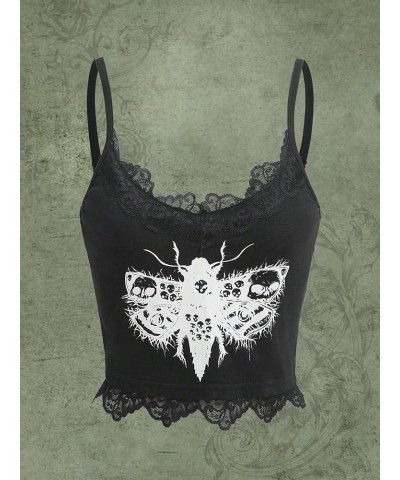 Women's Butterfly Skull Print Contrast Lace Spaghetti Strap Sleeveless Cami Tank Crop Tops Black and White $15.94 Tanks