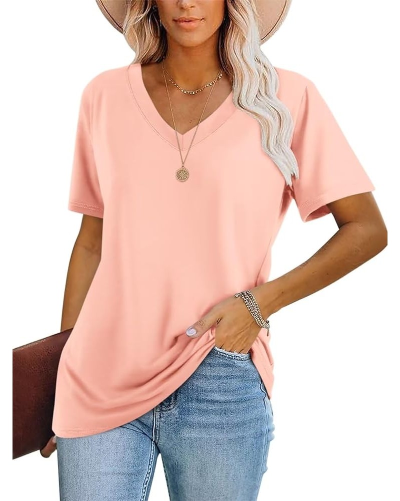 Women's Color Block/Solid Tops Short Sleeve V Neck T Shirts Summer Casual Tees B Pink $14.83 T-Shirts