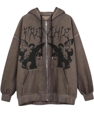 Y2k Grunge Punk Full Zip Up Hoodies Women Vintage Graphic Print Oversized Sweatshirt Hip-pop Pullover Jackets Brown $13.80 Ho...